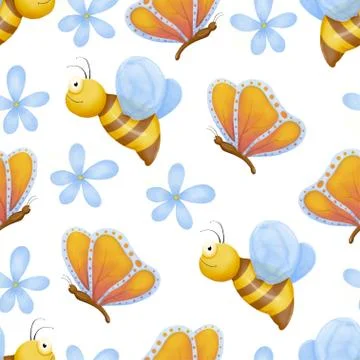 Cute bugs seamless pattern. Child drawing insects, flying butterflies and baby Illustrazione stock