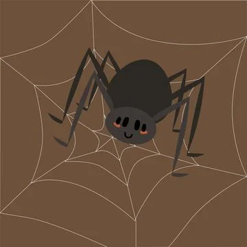 Cute bugs. Spider on web. Scary black insect. Cobweb intertwined thread. Horror Stock Illustration