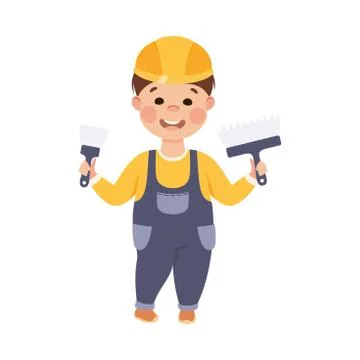 Cute Builder with Brush and Trowel, Little Boy Plasterer Character in Hard Hat Stock Illustration