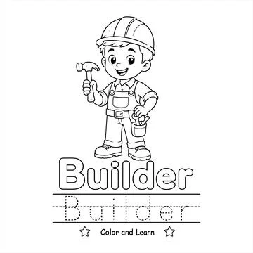Cute Builder Handwriting Tracing and Coloring Page Vector Stock Illustration