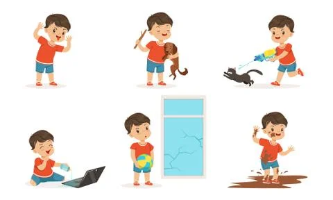 Cute Bully Boy in Different Situations Set, Funny Hoodlum Little Kid, Bad Child Stock Illustration