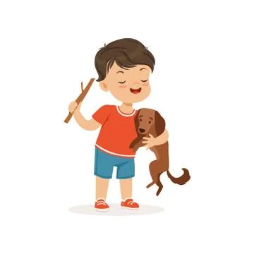 Cute bully boy teasing little dog, hoodlum cheerful little kid, bad child Stock Illustration