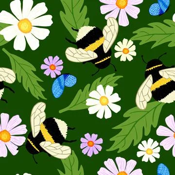 Cute bumblebee on meadow seamless pattern. Summer background of bee and flowe Ilustración de archivo