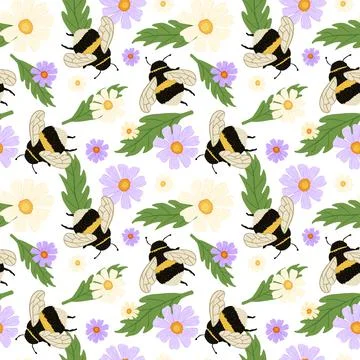 Cute bumblebee on meadow seamless pattern. Summer background of bee and flowe Stock Illustration