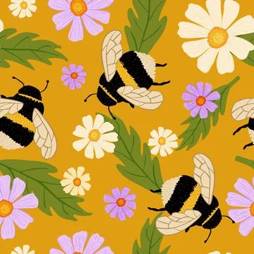 Cute bumblebee on meadow seamless pattern. Bee and flowers wallpaper. Stock Illustration