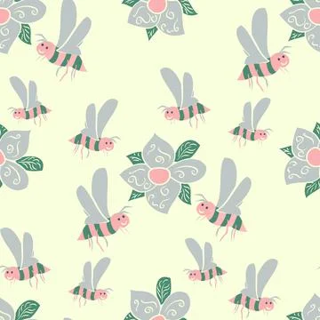 Cute Bumblebee Vector Repeat Pattern In Pink And Green Stock Illustration