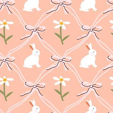Cute bunnies and daisies pattern with pink bows on peach background イラスト素材