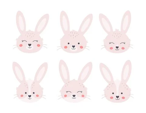 Cute bunnies faces. Year of the Rabbit. Easter white bunny. 스톡 일러스트