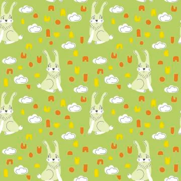 Cute bunnies on a green background . Vector Seamless pattern, hand-drawn vect Stock Illustration