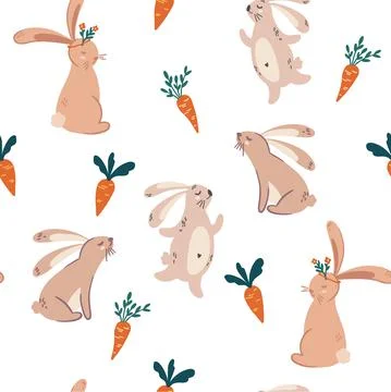 Cute bunnies seamless pattern. Easter bunnies with carrots. Animal character. Stock Illustration