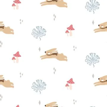 Cute Bunnies in the woods seamless pattern background. Stock Illustration