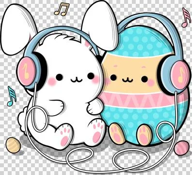 Cute bunny and big egg illustration with headphones listening to music Stock Illustration