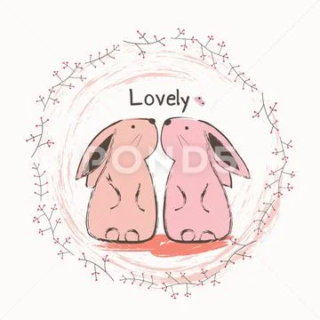Cute Bunny And Butterfly. Cartoon Hand Drawn Vector Illustration