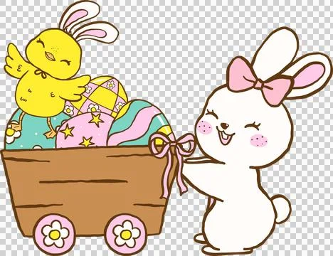 Cute Bunny and Chicken with Easter Eggs in Trolley Cartoon Hand Drawn Stock Illustration
