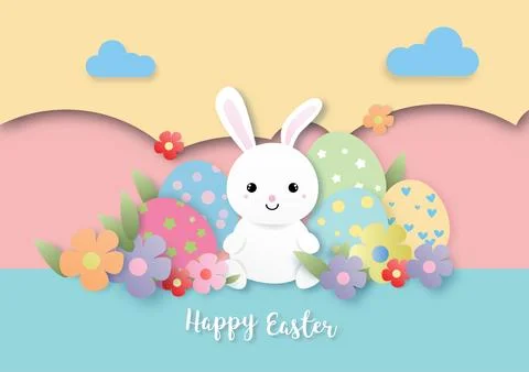 Cute bunny and colored easter eggs on papercut background. Stock Illustration