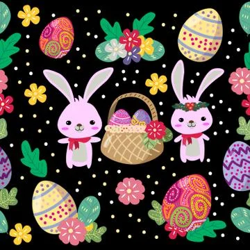Cute Bunny and easter eggs seamless pattern with colorful flower on cools bac Stock Illustration