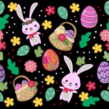 Cute Bunny and easter eggs seamless pattern with colorful flower on cools bac Stock-Illustration