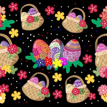 Cute Bunny and easter eggs seamless pattern with colorful flower on cools bac Stock Illustration