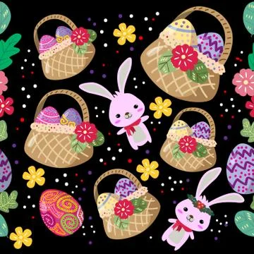 Cute Bunny and easter eggs seamless pattern with colorful flower on cools bac Stock Illustration