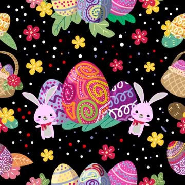 Cute Bunny and easter eggs seamless pattern with colorful flower on cools bac Stock Illustration