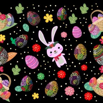Cute Bunny and easter eggs seamless pattern with colorful flower on cools bac Stock Illustration
