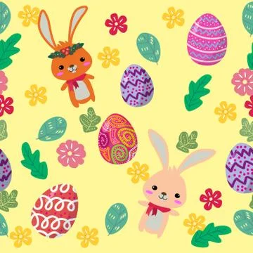 Cute Bunny and easter eggs seamless pattern with colorful flower on cools bac Illustrazione stock