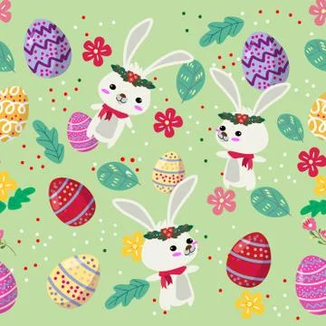 Cute Bunny and easter eggs seamless pattern with colorful flower on cools bac Stock Illustration