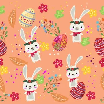 Cute Bunny and easter eggs seamless pattern with colorful flower on cools bac Stock Illustration