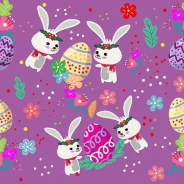 Cute Bunny and easter eggs seamless pattern with colorful flower on cools bac Stock Illustration