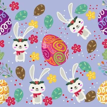Cute Bunny and easter eggs seamless pattern with colorful flower on cools bac Illustrazione stock