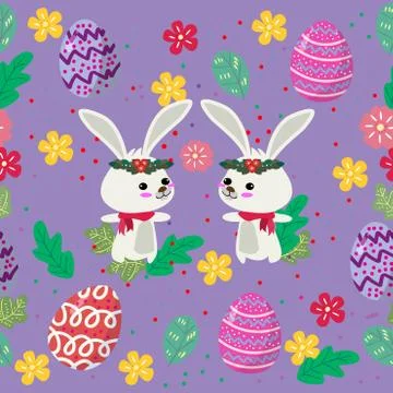 Cute Bunny and easter eggs seamless pattern with colorful flower on cools bac Stock Illustration