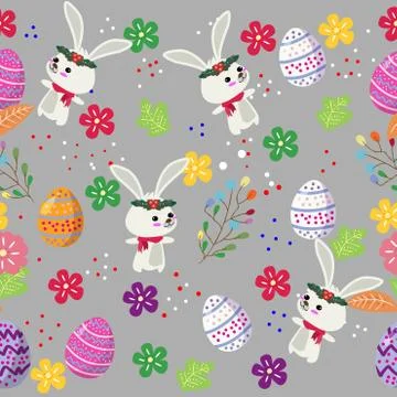 Cute Bunny and easter eggs seamless pattern with colorful flower on cools bac Stock Illustration