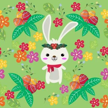 Cute Bunny and easter eggs seamless pattern with colorful flower on cools bac Stock Illustration