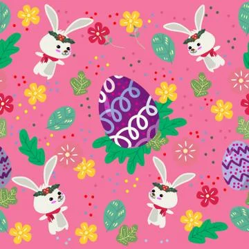 Cute Bunny and easter eggs seamless pattern with colorful flower on cools bac Stock Illustration