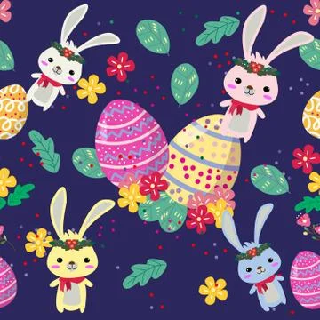 Cute Bunny and easter eggs seamless pattern with colorful flower on cools bac Illustrazione stock