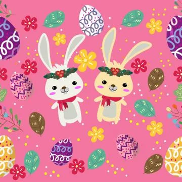 Cute Bunny and easter eggs seamless pattern with colorful flower on cools bac Stock Illustration