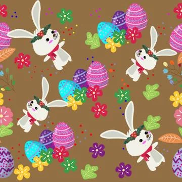 Cute Bunny and easter eggs seamless pattern with colorful flower on cools bac Illustrazione stock
