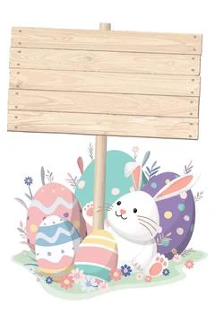 Cute bunny and Easter eggs with blank wooden signboard hand drawn style on .. Stock Illustration