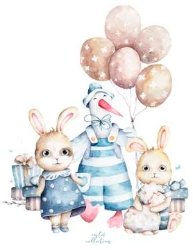 Cute bunny and goose cartoon wearing a hat with balloon and easter egg with g Stock Illustration