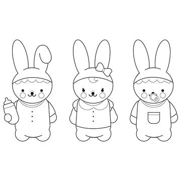 Cute bunny babies. Vector black and white coloring page. Stock Illustration