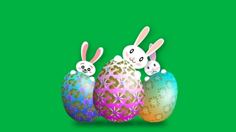Cute bunny behind the decorated eggs on green screen Stock Footage 266787637