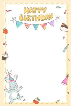 Cute Bunny Birthday Vector Frame with Cake and Party Decorations Stock Illustration