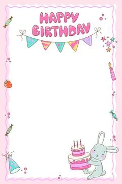 Cute Bunny Birthday Vector Frame with Cake and Party Decorations Stock Illustration