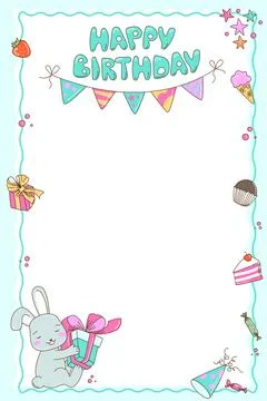Cute Bunny Birthday Vector Frame with Cake and Party Decorations Stock Illustration