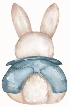Cute bunny with blue jacket sitting , watercolor painting for baby child po.. Stock Illustration