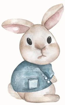 Cute bunny with blue jacket sitting , watercolor painting for baby child po.. Stock Illustration