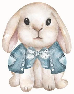 Cute bunny with blue jacket sitting, watercolor painting for baby child pos.. Stock Illustration