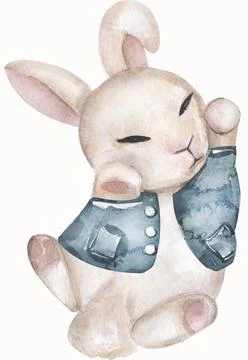 Cute bunny with blue jacket sleeping, watercolor painting for baby child po.. Stock Illustration