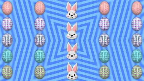 Cute bunny on blue line background with decorated easter eggs Stock Illustration