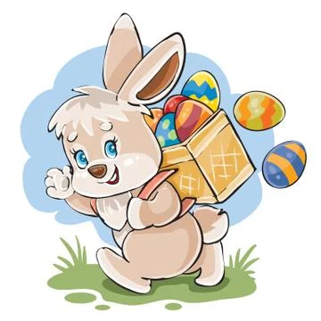 Cute bunny carries a wicker box behind him, inside of which there are many Stock Illustration